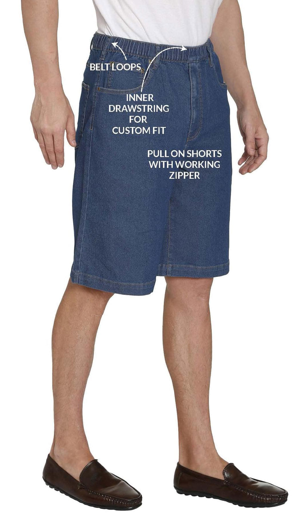 Men's Stretch Waist Pull On Shorts  in Denim and Twill - Free of Buttons & Snaps