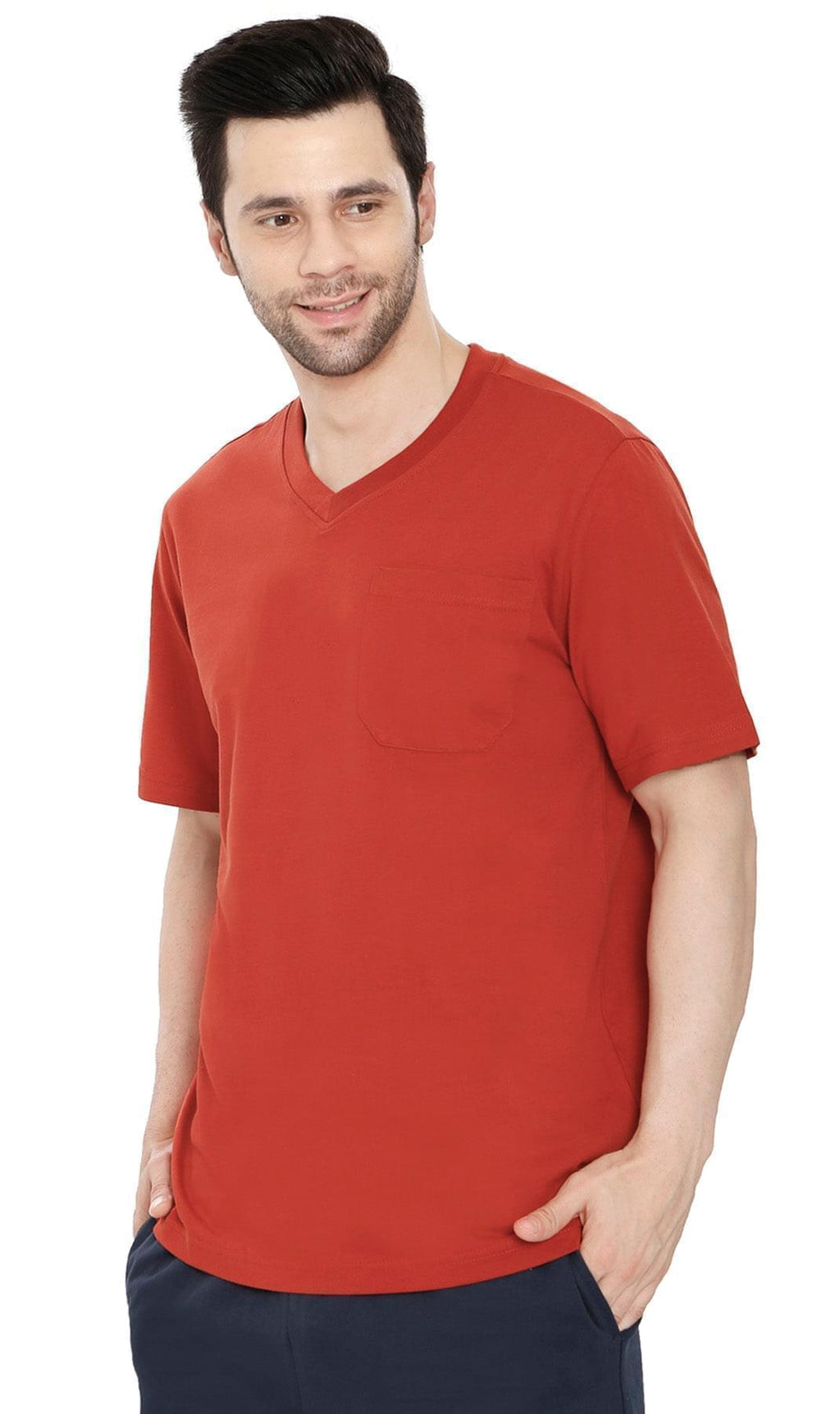 Men’s Short Sleeve Relaxed Fit V-Neck T-Shirt in Cotton Blend with Pocket