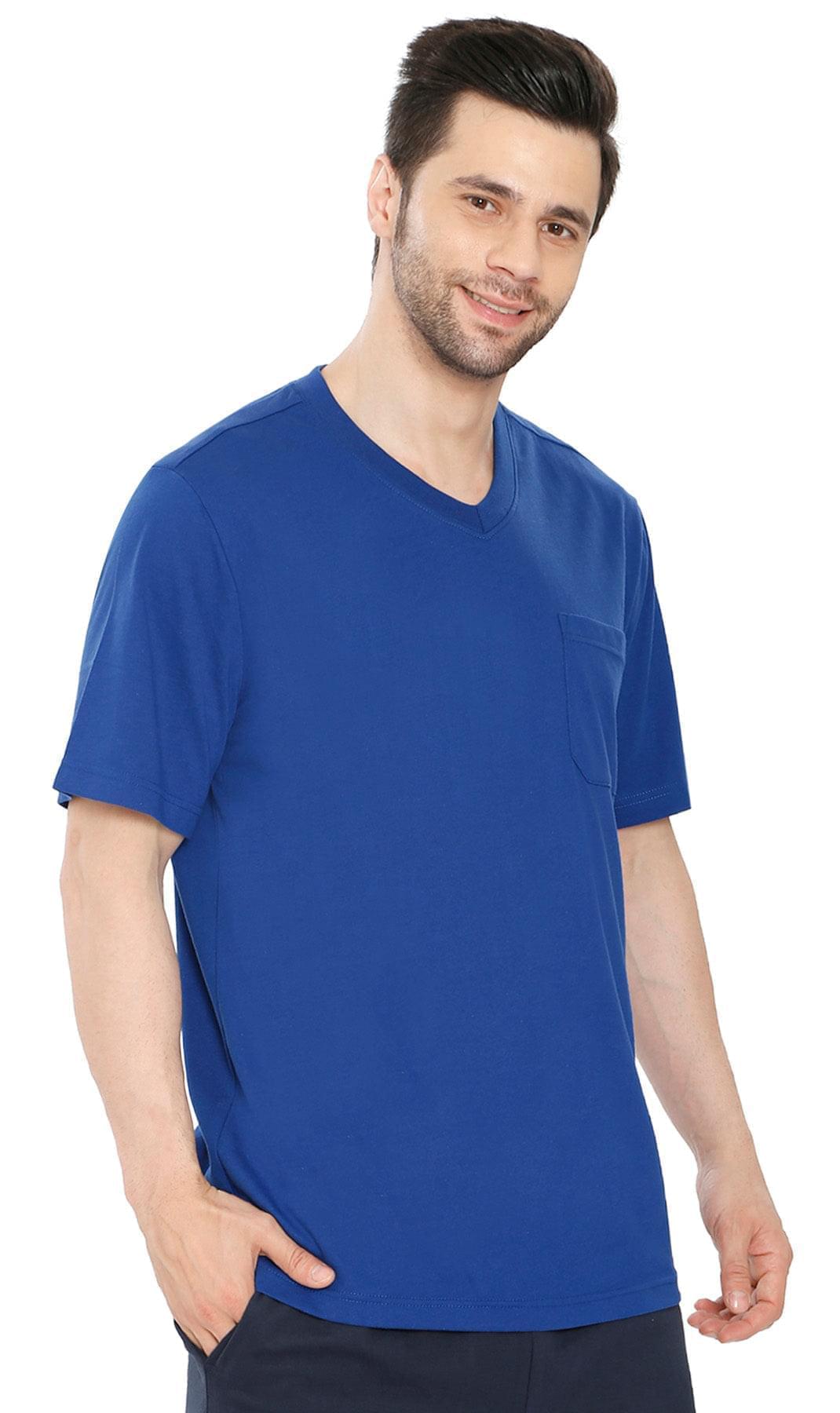 Men’s Short Sleeve Relaxed Fit V-Neck T-Shirt in Cotton Blend with Pocket